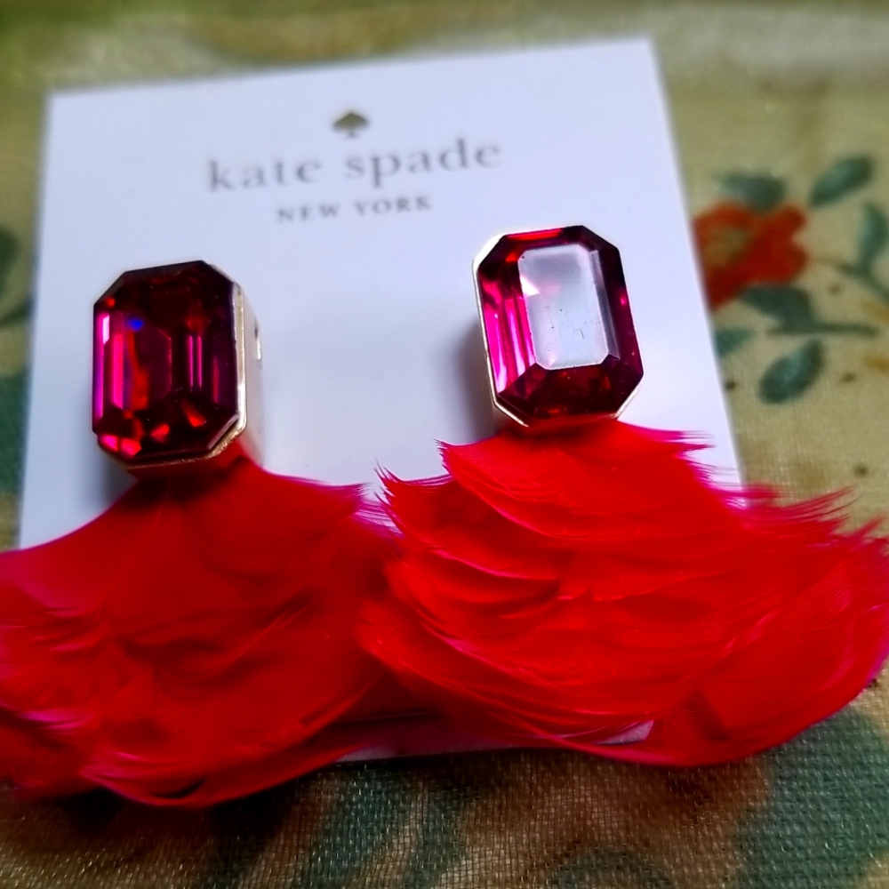 Kate Spade Red Feather Earrings with Pink Gem